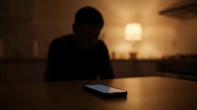 Human Silhouette Lonely Man at Kitchen Table with Glowing Phone Dark Room Male Loneliness Depression Mental Health