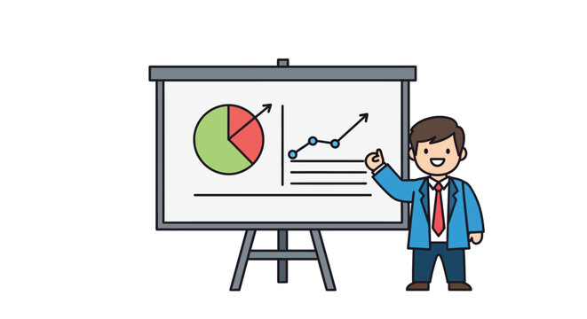 Businessman presenting data on a whiteboard with pie chart and line graph