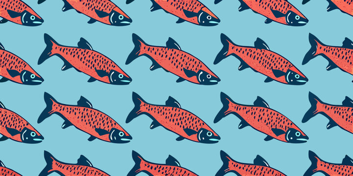 red salmon pattern on blue background seamless