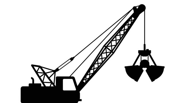 Silhouette of a dragline excavator with a clamshell bucket.