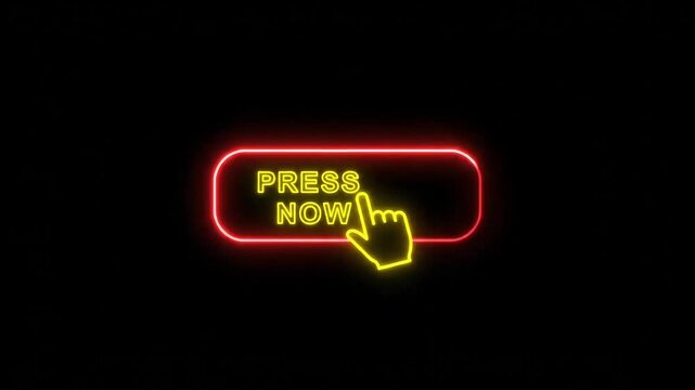 Neon press now glowing button with clicking hand cursor digital call to action animation