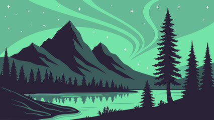 Fototapeta premium Aurora Mountain Silhouette Vector