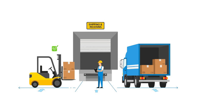 Forklift loading cargo into truck at warehouse shipping and receiving dock