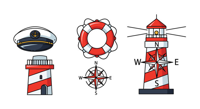 Collection of nautical icons including a lighthouse, ship captain hat, lifebuoy, and compass rose in a classic red and white color theme.