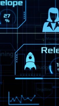 Agile project management, project life cycle, futuristic software interface (3d render) Vertical video