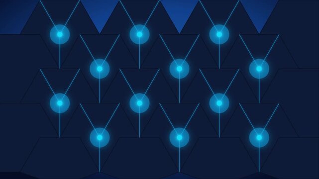 Glowing cyan circular nodes connected by thin lines forming a geometric triangular pattern in this abstract motion video clip animation