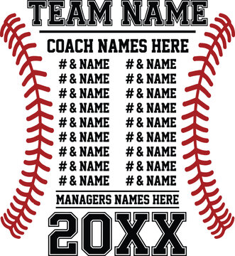 Custom Baseball Team Roster Typography Template with Coach Player, and Manager Names