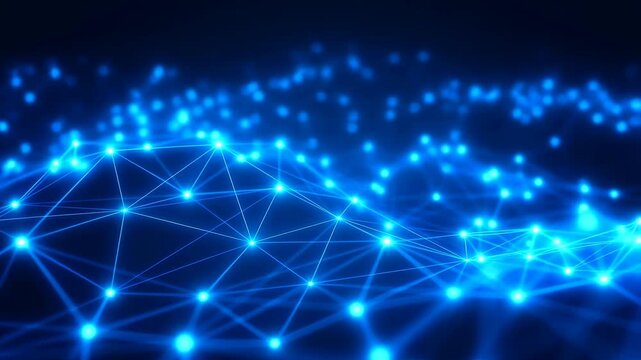Abstract blue digital network with glowing nodes and connections. Represents technology, data flow, and connectivity in the digital age