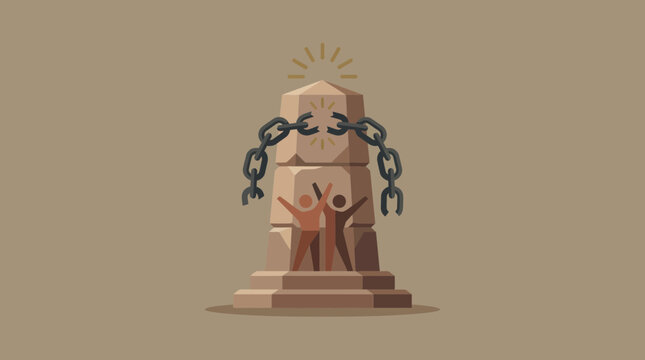 Freedom Monument Illustration with Broken Chains and Celebrating People
