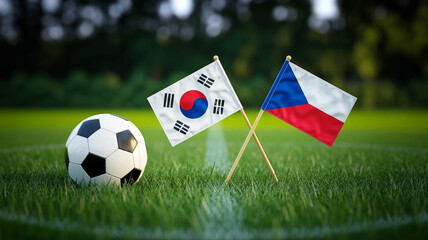 Fototapeta premium South Korean and Czech Republic Flags with Soccer Ball on Grass Field