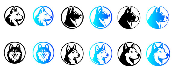 Collection of stylized husky dog head in black and blue gradient within circles © MOHAMMADTORIQUL