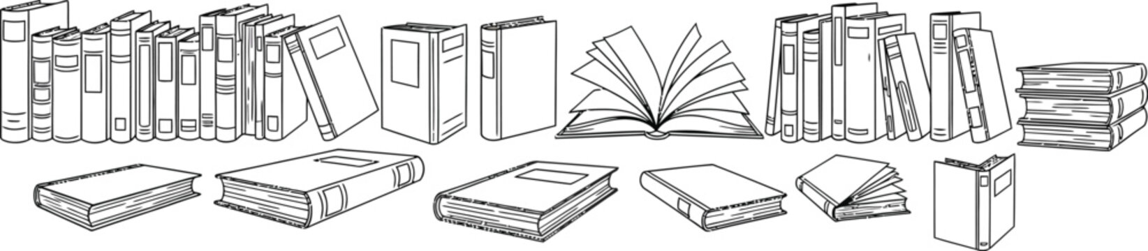 Set of Various Books and Book Stacks Line Art Illustration