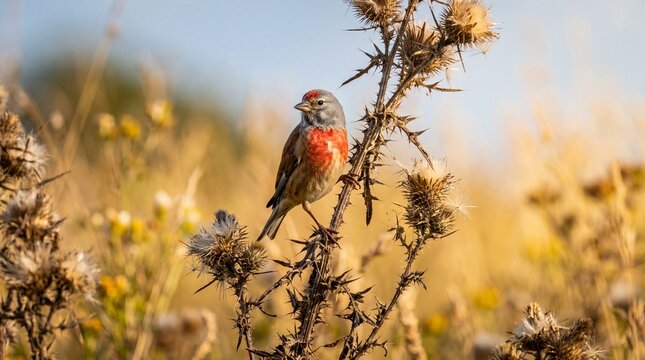 Common Linnet Bird Perched on a Dry Thistle Stem in Field