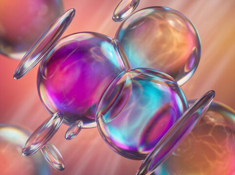 Vibrant iridescent soap bubbles with rainbow reflections on a clear background in soft light
