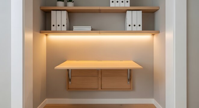 Modern foldable wall mounted desk with shelving unit and built i