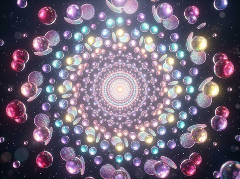 Abstract dark background with glowing multicolor bokeh light dots and soft reflections