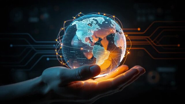 Hand holding glowing globe with vibrant global connections over continents vibrant network concept
