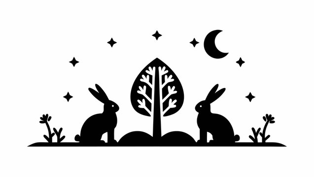 Two colossal stone rabbits sit under a tree at night with crescent moon and stars