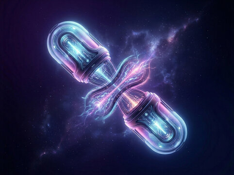 Futuristic 3D rendering of a glowing DNA double helix structure in deep space with vibrant neon colors