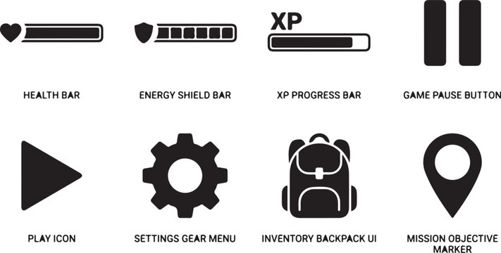 Gaming UI icons, game interface elements, user interface symbols, 10 gaming HUD graphics