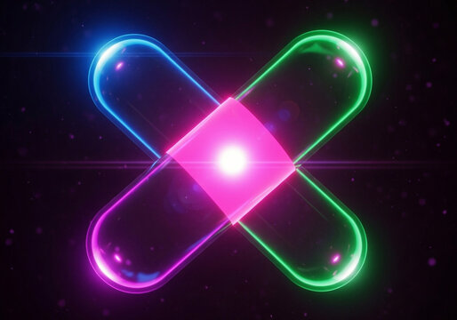 Vibrant neon quantum particle abstract energy wave with glowing light effects on dark background