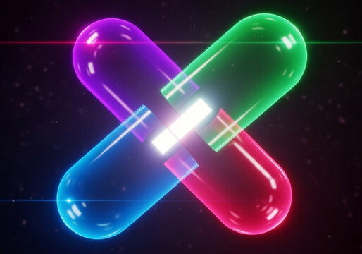 Vibrant neon-colored 3D DNA double helix model with glowing light effects on black background