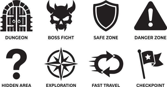 Gaming icons, video game symbols, dungeon, boss fight, safe zone, danger zone, exploration