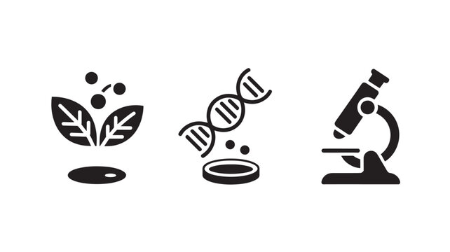 Scientific icons including a plant seedling, a DNA strand in a petri dish, and a laboratory microscope signify biological research.