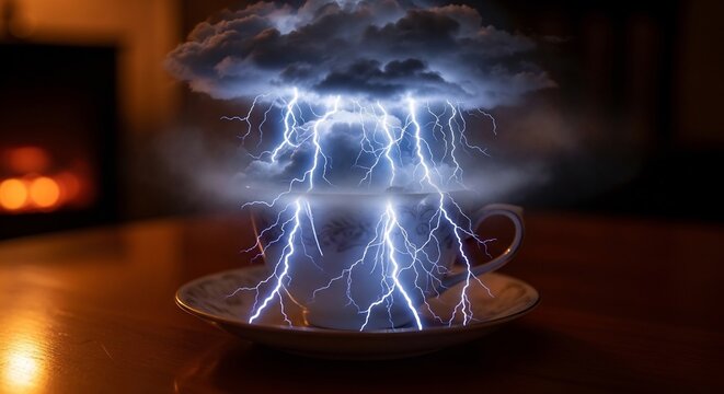 Dramatic Lightning Storm Erupts from a Teacup on a Saucer.