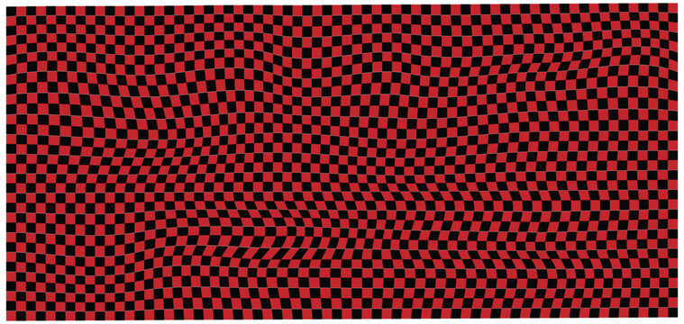 Retro wavy checker seamless pattern background in black and red with distorted grid. Trippy wave board geometric. eps 10
