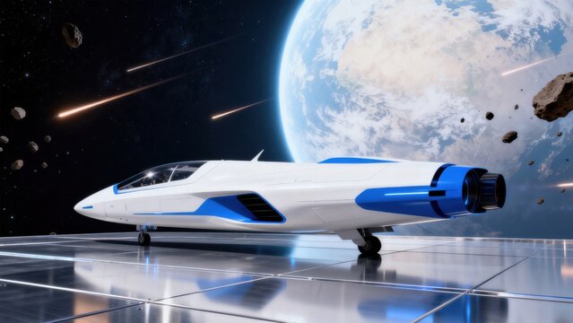 Futuristic spacecraft on space platform