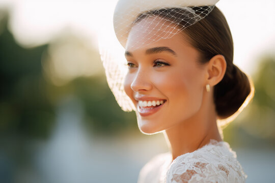 Smiling bride in white lace dress wearing elegant fascinator hat with net veil in warm outdoor light