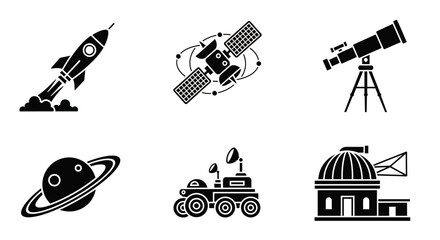 Space exploration icons including rocket, satellite, planet, rover, telescope and observatory. © Trimo