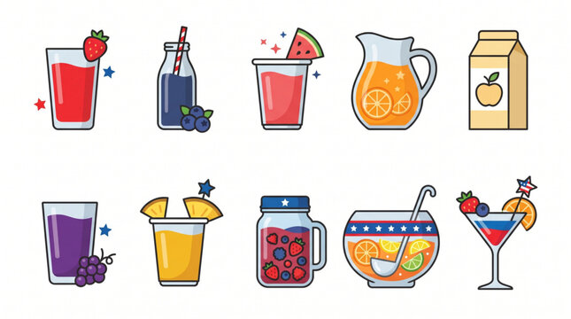 Collection of colorful assorted beverages and drinks in various glasses and containers