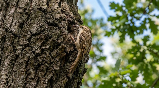 Brown treecreeper bird climbing on rough bark of ancient oak tree.
