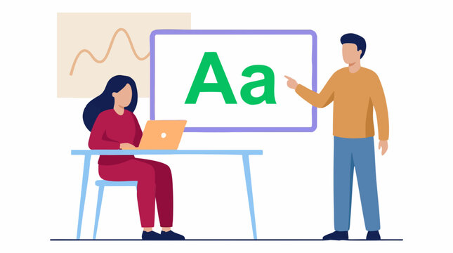Teacher explaining alphabet to student in language class illustration