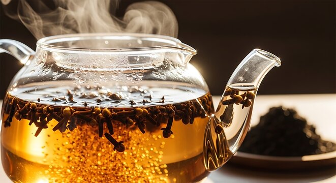 Steaming Cloves Infused in Glass Teapot