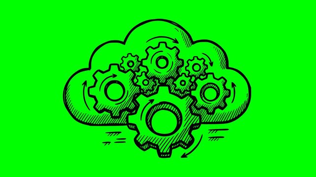 hand drawn cloud icon containing rotating gears loop animation. Hand-drawn doodle conceptual design of data processing or cloud computing. Clean green screen background for easy chroma key extraction