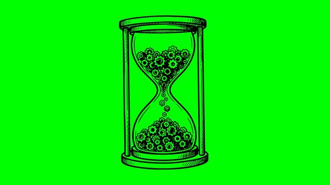 hand drawn style hourglass animation with falling gears inside on a green screen chroma key background line art time management loop with black fill sketch and no white elements for video editing