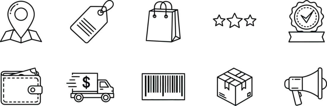 E commerce and retail line icons set location price tag shopping bag rating and delivery