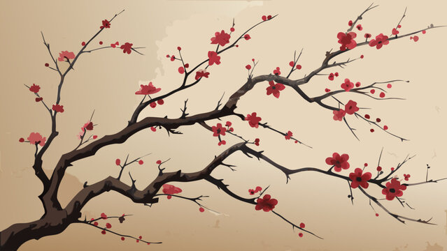 Elegant illustration of a blooming cherry blossom branch on a textured vintage background with traditional background botanical blooming illustration oriental decorative backdrop minimalist