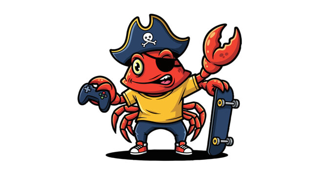 Cartoon Pirate Crab Character Holding Skateboard Boldly.