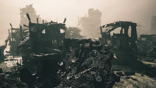 Charred buildings scorched under heavy acrid smoke, shattered facades, collapsed towers and scattered wreckage conveying recent violent conflict