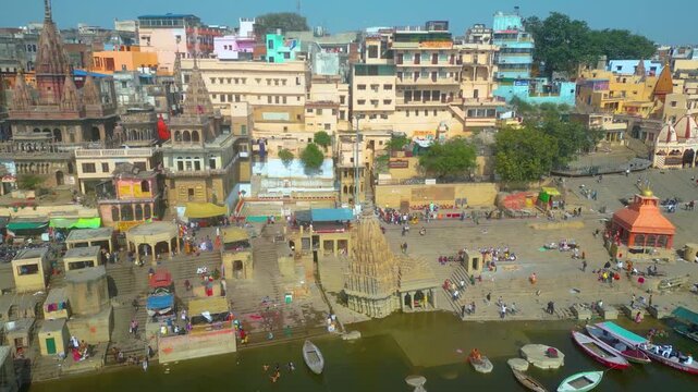 Aerial view of Kashi Vishwanath Temple and Dashashwamedh Ghat.
