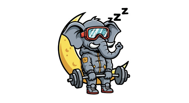 Cute Sleeping Cartoon Elephant Lifting Weights Playfully.