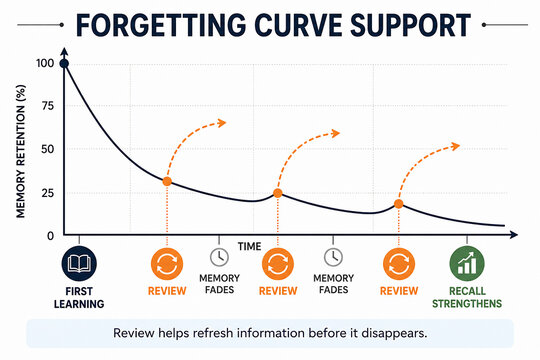 A graph illustrates the forgetting curve support, showing memory retention decreasing over time and how reviews can help maintain it.