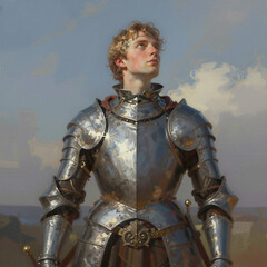 Naklejka premium Saint Joan of Arc in shining armor gazing upward with determination, depicted in a heroic digital painting style