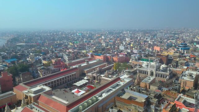 Aerial view of Kashi Vishwanath Temple and Dashashwamedh Ghat.