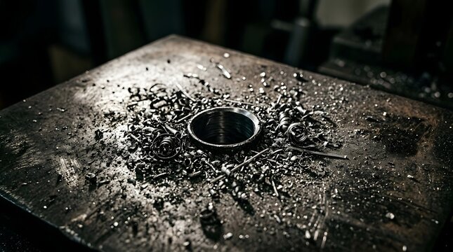 Metal shavings around precision drilled hole in industrial steel plate inside factory shop.