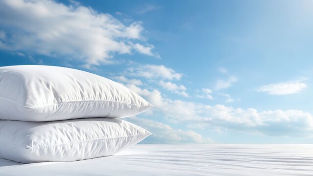 Soft white pillows stacked on bed with blue sky background  